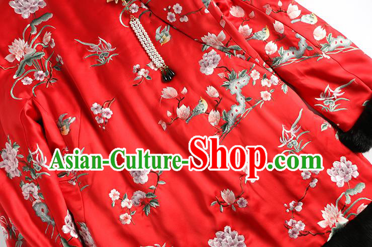 Chinese Traditional National Clothing Winter Outer Garment Women Embroidered Cotton Wadded Coat Red Satin Jacket