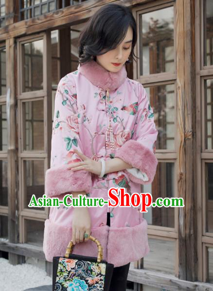 Chinese Winter Outer Garment Women Embroidered Peony Birds Cotton Wadded Coat Pink Satin Jacket Traditional National Clothing