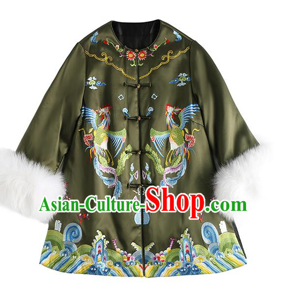 Chinese Women Green Satin Jacket Winter Outer Garment Traditional National Clothing Embroidered Phoenix Cotton Wadded Coat