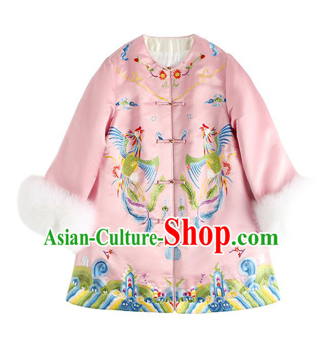 Chinese Traditional Women Pink Satin Jacket Embroidered Phoenix Cotton Wadded Coat Winter Outer Garment National Clothing