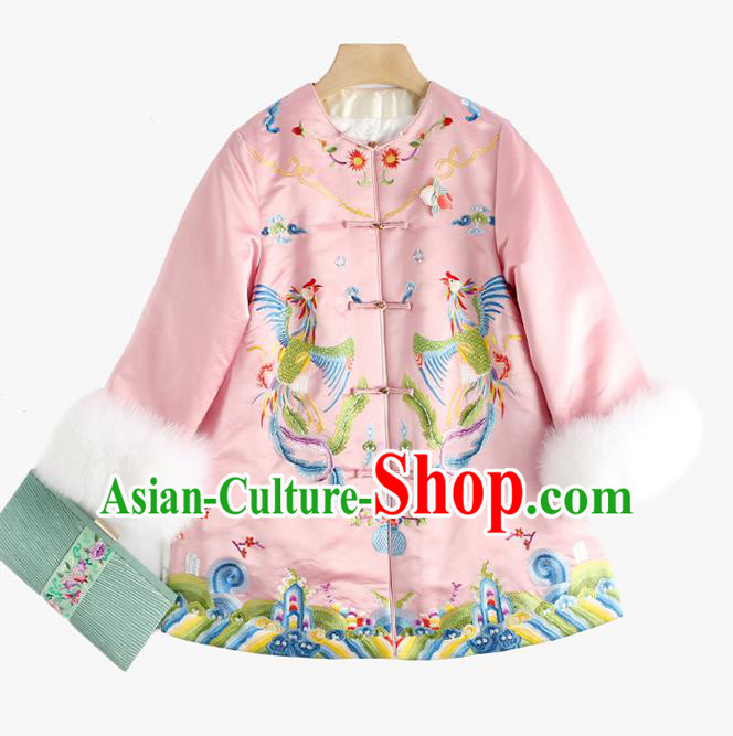 Chinese Traditional Women Pink Satin Jacket Embroidered Phoenix Cotton Wadded Coat Winter Outer Garment National Clothing