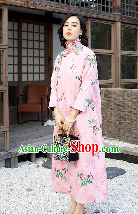 Traditional China National Clothing Pink Satin Qipao Dress Embroidered Orchids Peony Cheongsam for Women
