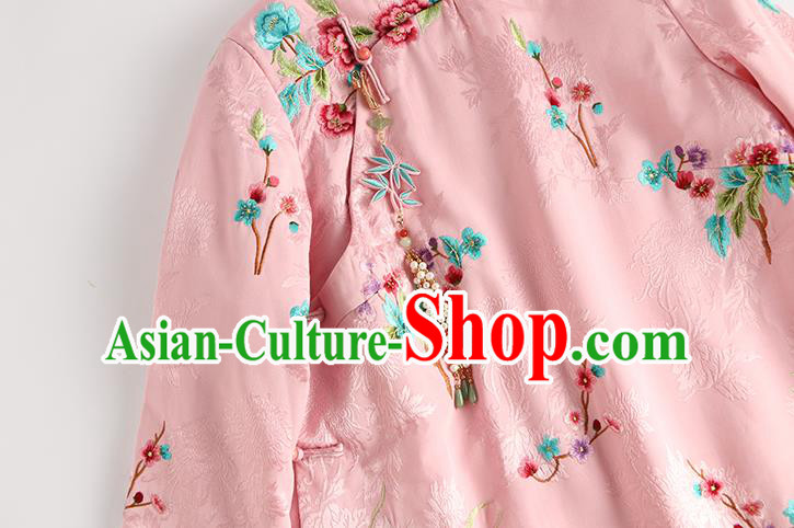 Traditional China National Clothing Pink Satin Qipao Dress Embroidered Orchids Peony Cheongsam for Women