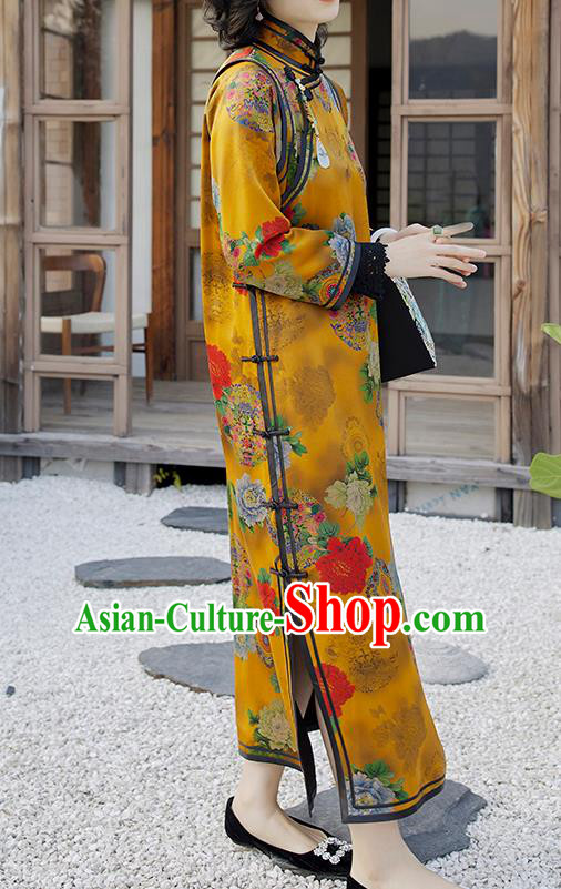 Traditional China Classical Peony Pattern Yellow Watered Gauze Qipao Dress National Clothing Long Cheongsam for Women