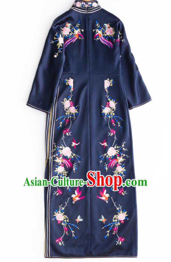 Traditional China Classical Phoenix Pattern Navy Watered Gauze Qipao Dress National Clothing Embroidered Cheongsam for Women