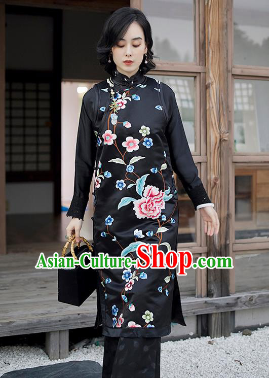 Traditional China Embroidered Vest Cheongsam Classical Peony Pattern Black Satin Qipao Dress National Clothing for Women