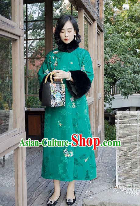 Traditional China Embroidered Flowers Green Satin Cheongsam Classical Qipao Dress National Winter Clothing for Women