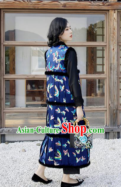 Traditional China Classical Royalblue Qipao Dress National Winter Clothing Embroidered Butterfly Cheongsam Long Vest for Women