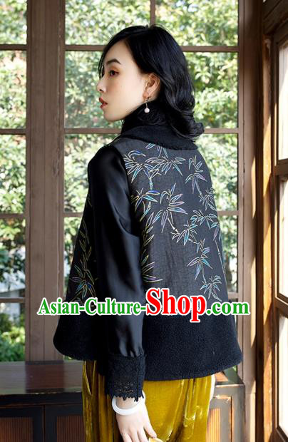 Traditional China Embroidered Bamboo Black Waistcoat Classical Cheongsam Vest National Female Clothing