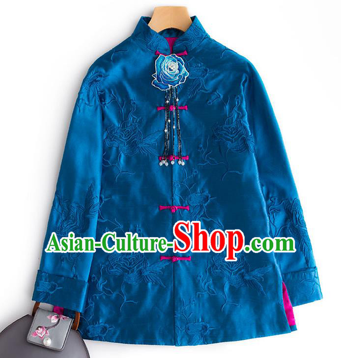 Chinese Embroidery Deep Blue Jacket Women Outer Garment Traditional National Clothing Embroidered Silk Coat