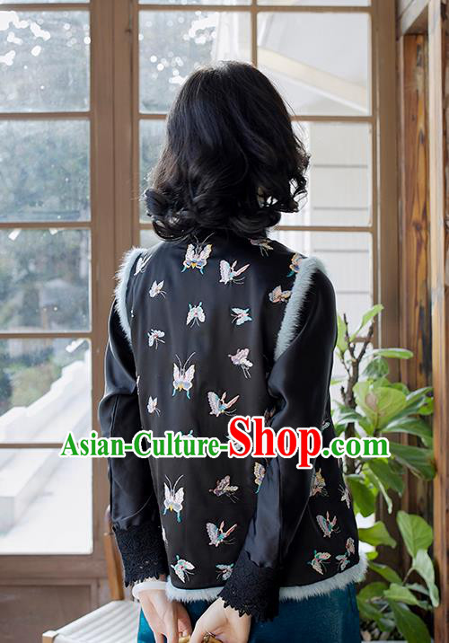 Traditional Embroidered Butterfly Waistcoat National Female Clothing China Classical Cheongsam Black Cotton Padded Vest