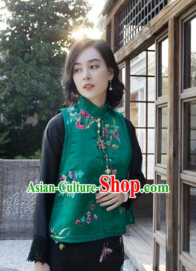 Traditional Embroidered Green Satin Waistcoat National Female Clothing China Classical Cheongsam Vest Upper Outer Garment