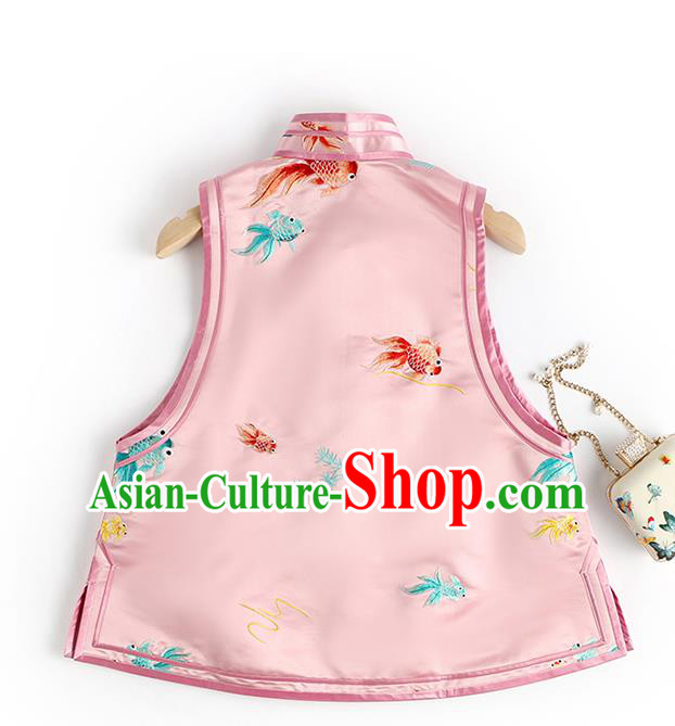 Traditional National Female Clothing China Classical Cheongsam Vest Upper Outer Garment Embroidered Pink Satin Waistcoat