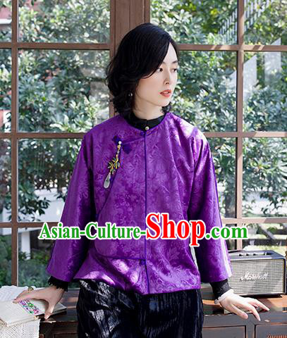 Chinese National Clothing Women Jacket Purple Jacquard Short Coat Traditional Outer Garment