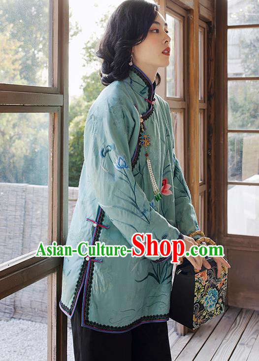 Chinese Traditional Women Blue Cotton Wadded Jacket Embroidered Lotus Coat Winter Outer Garment National Clothing
