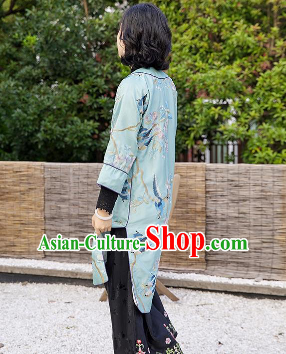 China Traditional National Female Clothing Classical Cheongsam Embroidered Light Blue Qipao Dress