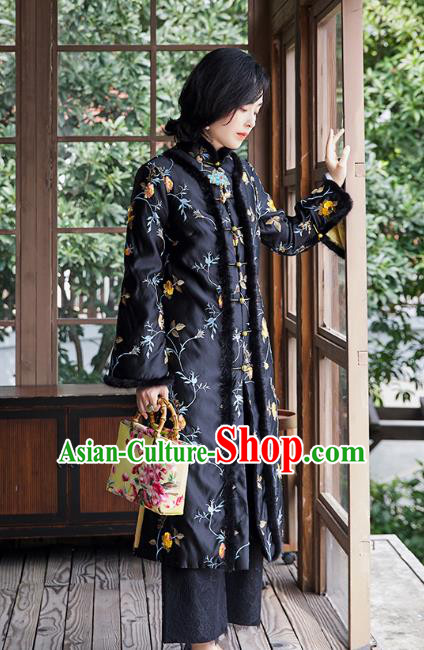 Chinese Embroidered Black Satin Dust Coat National Clothing Traditional Outer Garment Women Cotton Wadded Coat