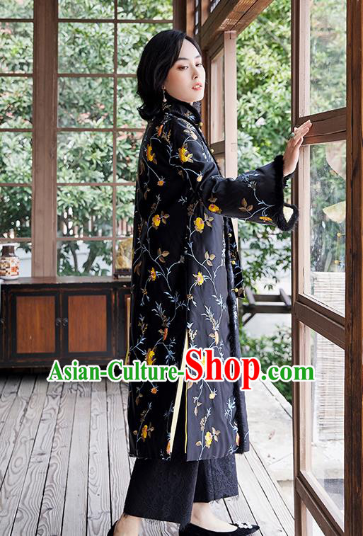 Chinese Embroidered Black Satin Dust Coat National Clothing Traditional Outer Garment Women Cotton Wadded Coat