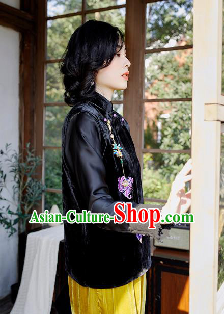 Traditional China Embroidered Peony Black Velvet Waistcoat National Female Clothing Classical Cheongsam Vest