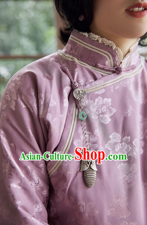 China Classical Lilac Silk Lace Cheongsam Traditional National Female Clothing Women Qipao Dress