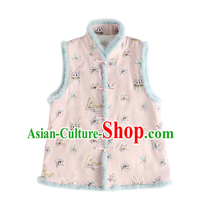 Traditional China Classical Cheongsam Pink Cotton Padded Vest Embroidered Butterfly Waistcoat National Female Clothing
