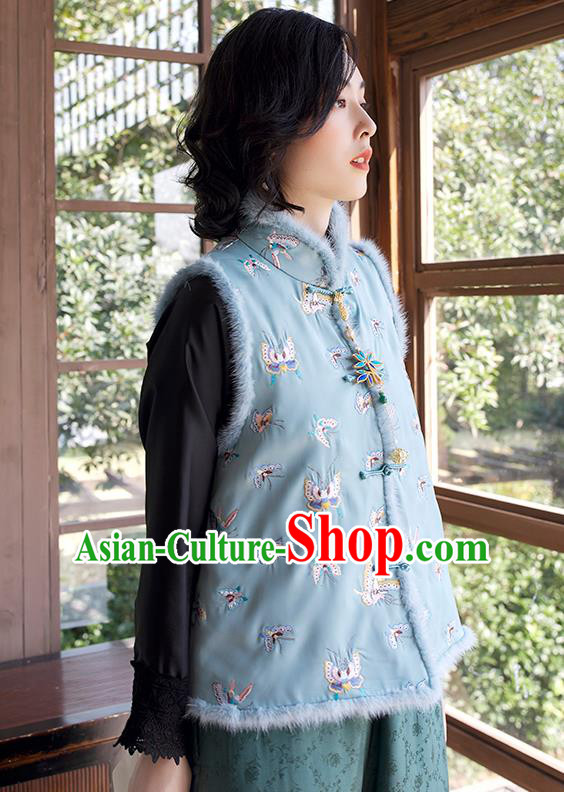 Traditional National Female Clothing China Classical Cheongsam Green Cotton Padded Vest Embroidered Butterfly Waistcoat