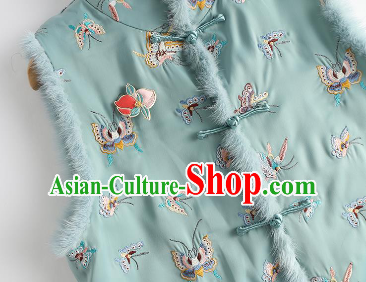 Traditional National Female Clothing China Classical Cheongsam Green Cotton Padded Vest Embroidered Butterfly Waistcoat