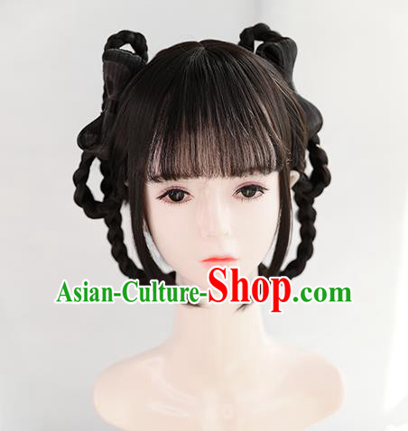 Chinese Song Dynasty Village Girl Bangs Wigs Best Quality Wigs China Cosplay Wig Chignon Ancient Civilian Lady Wig Sheath