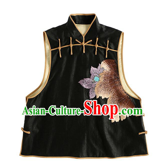 China National Clothing Traditional Cheongsam Vest Embroidered Black Silk Waistcoat for Women