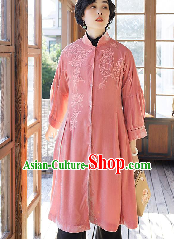 Chinese Women Embroidered Pink Velvet Coat Outer Garment Traditional Clothing