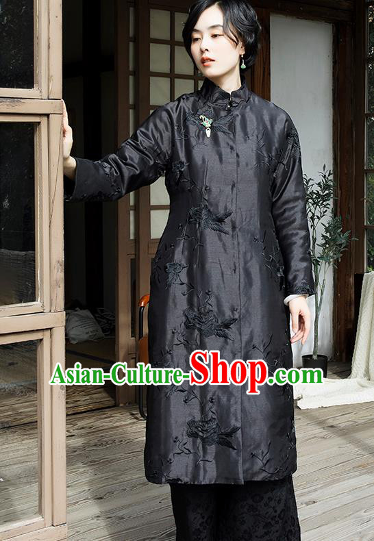 Chinese Winter Cotton Padded Coat Outer Garment Traditional National Clothing Women Embroidered Black Coat