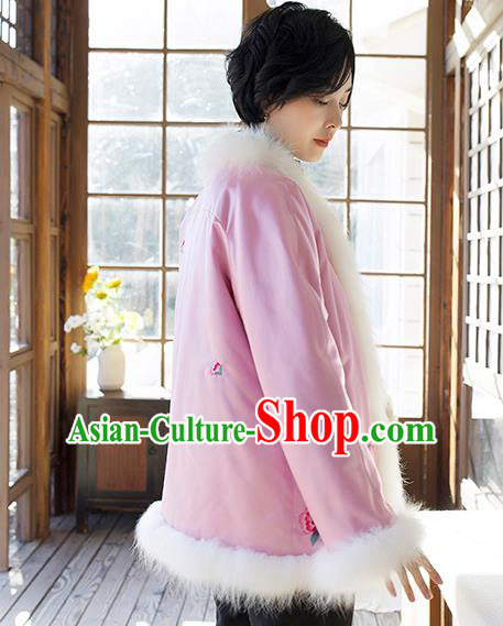 Chinese Winter Cotton Padded Jacket Traditional National Clothing Women Outer Garment Embroidered Pink Silk Coat