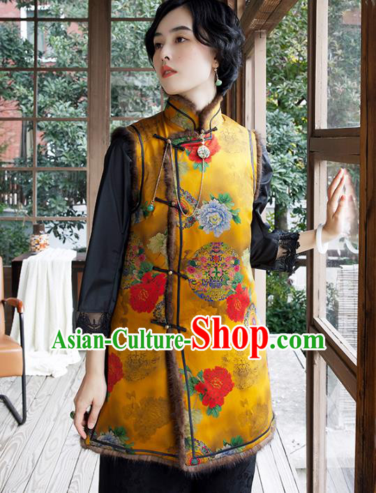 China National Clothing Traditional Cheongsam Winter Vest Yellow Watered Gauze Cotton Wadded Waistcoat for Women