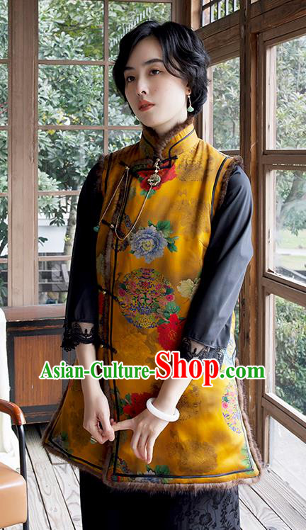 China National Clothing Traditional Cheongsam Winter Vest Yellow Watered Gauze Cotton Wadded Waistcoat for Women