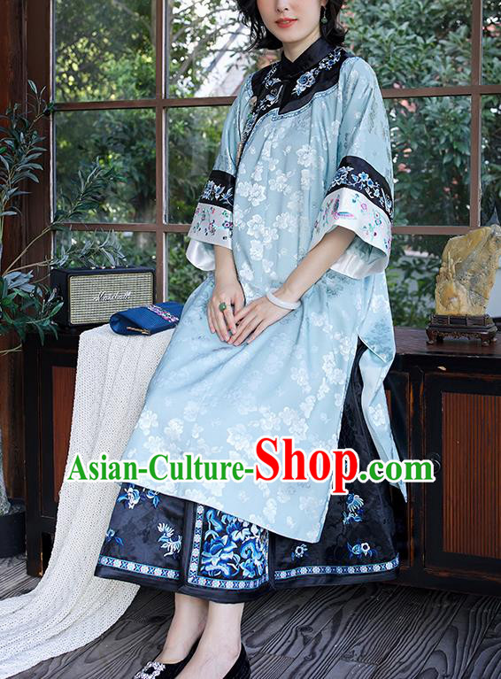 Traditional Qing Dynasty Embroidered Cheongsam Republic of China National Clothing Light Blue Silk Qipao Dress for Women