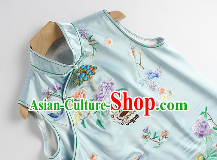 Traditional Embroidered Cheongsam Vest China National Clothing Light Blue Satin Waistcoat for Women