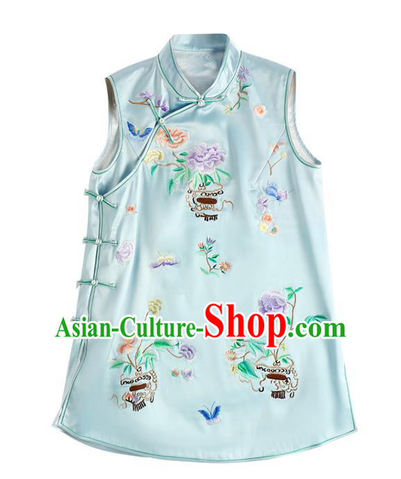 Traditional Embroidered Cheongsam Vest China National Clothing Light Blue Satin Waistcoat for Women