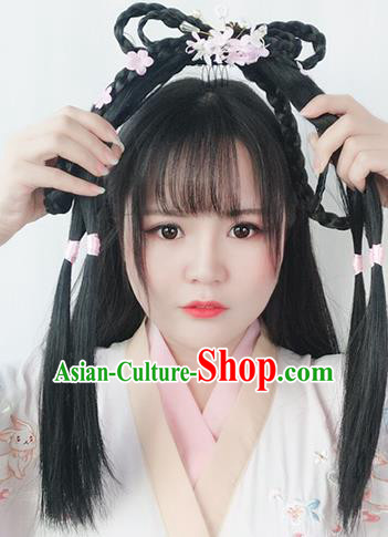 Chinese Song Dynasty Village Girl Hairpiece Quality Wig Sheath China Ancient Cosplay Swordswoman Huang Rong Wigs Hair Clasp