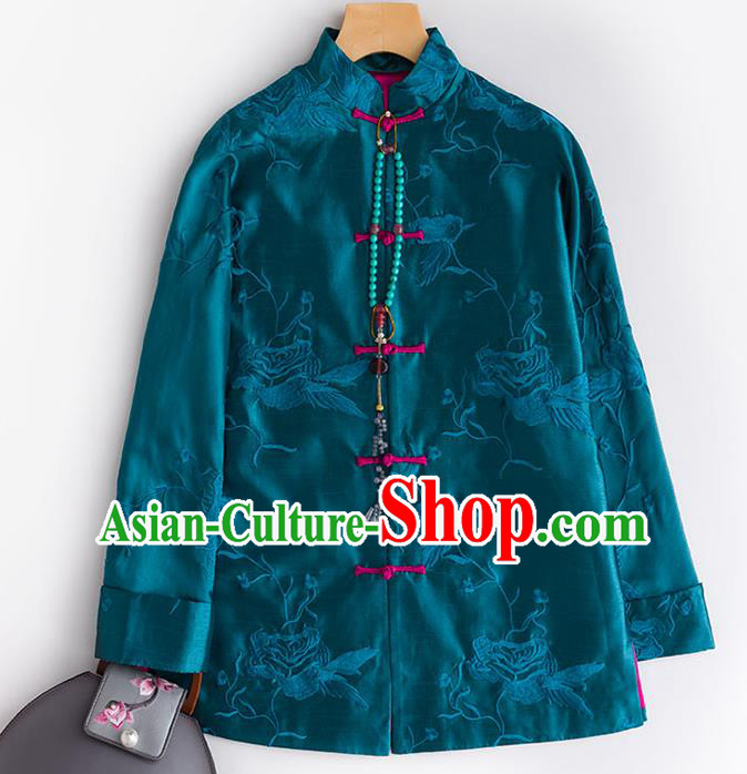 Chinese Embroidery Peony Blue Silk Jacket Traditional National Clothing Women Outer Garment Embroidered Silk Coat