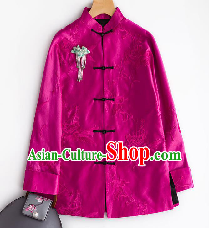 Chinese Embroidery Jacket Women Outer Garment Traditional National Clothing Embroidered Rosy Silk Coat