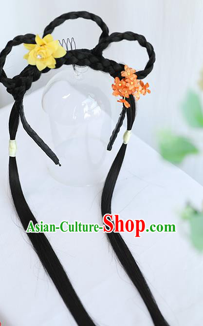 Chinese Ming Dynasty Wig Hairpiece Quality Wig Sheath China Ancient Cosplay Swordswoman Wigs Braid Hair Clasp