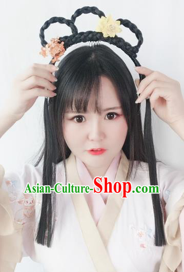 Chinese Ming Dynasty Wig Hairpiece Quality Wig Sheath China Ancient Cosplay Swordswoman Wigs Braid Hair Clasp