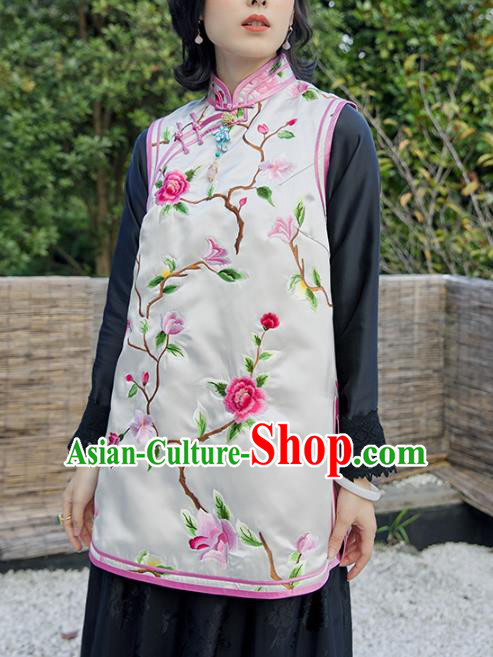China Classical Embroidered White Silk Vest National Clothing Traditional Women Upper Outer Garment Waistcoat
