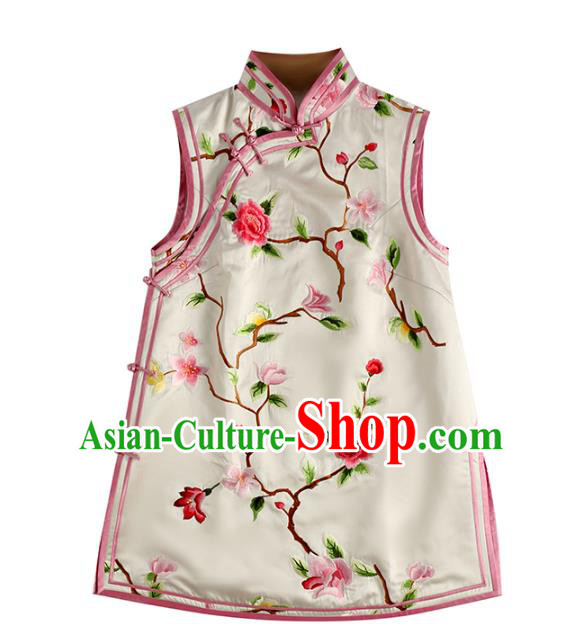 China Classical Embroidered White Silk Vest National Clothing Traditional Women Upper Outer Garment Waistcoat