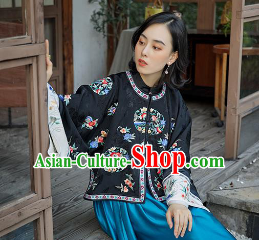 Chinese National Clothing Traditional Ancient Court Women Outer Garment Qing Dynasty Black Silk Blouse