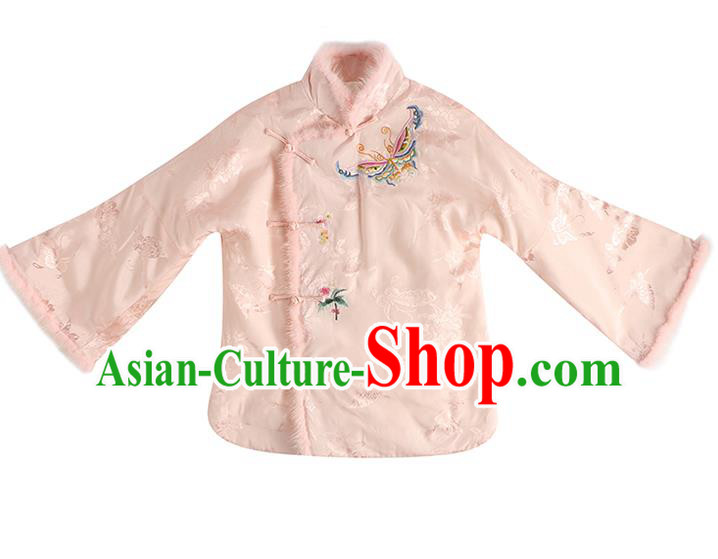 Chinese National Clothing Traditional Women Outer Garment Embroidered Pink Cotton Padded Jacket