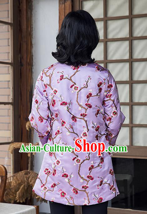Chinese Traditional Costume Embroidered Plum Blossom Lilac Cotton Padded Jacket National Clothing Women Silk Outer Garment