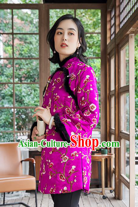Chinese National Women Silk Outer Garment Traditional Costume Embroidered Plum Blossom Purple Cotton Padded Jacket