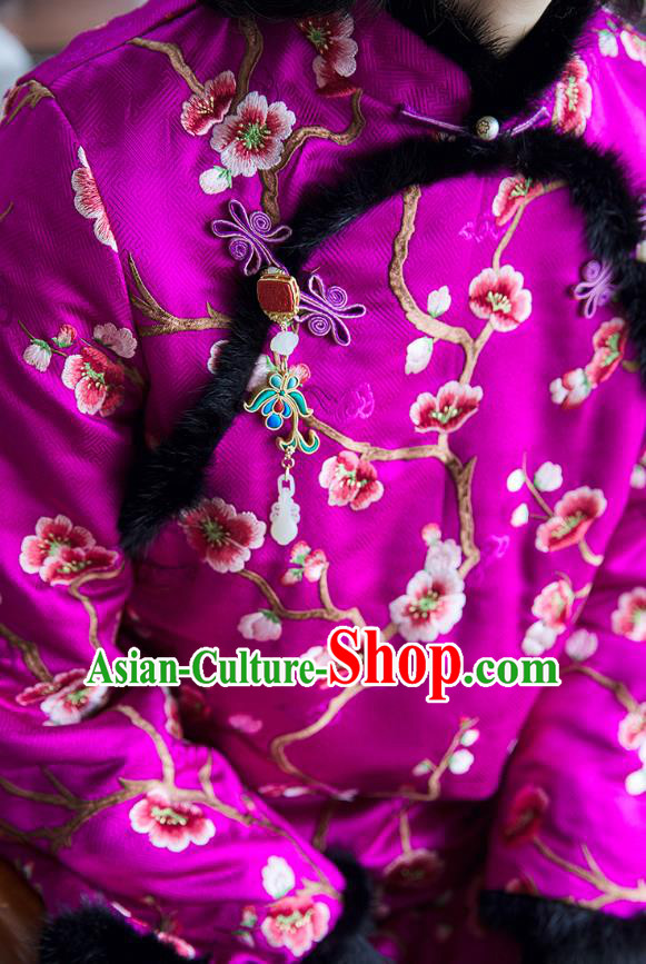 Chinese National Women Silk Outer Garment Traditional Costume Embroidered Plum Blossom Purple Cotton Padded Jacket