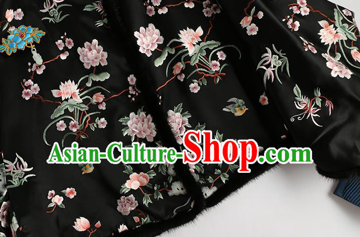 Chinese Tang Suit Embroidered Orchid Black Cotton Padded Jacket Women Outer Garment Traditional National Costume